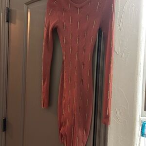 Fashion Nova Rust Ribbed Long Sleeve Dress with Gold Chain Detail